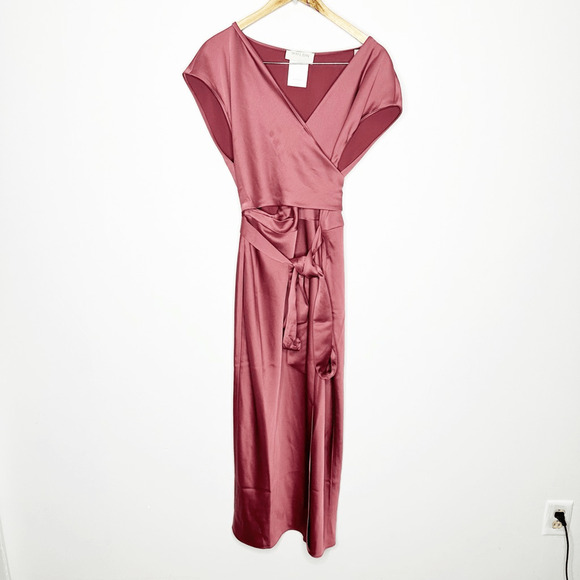 BHLDN Louisa Satin Charmeuse Midi Dress In Pink Satin Wrap bridesmaid US 6 - Picture 3 of 7